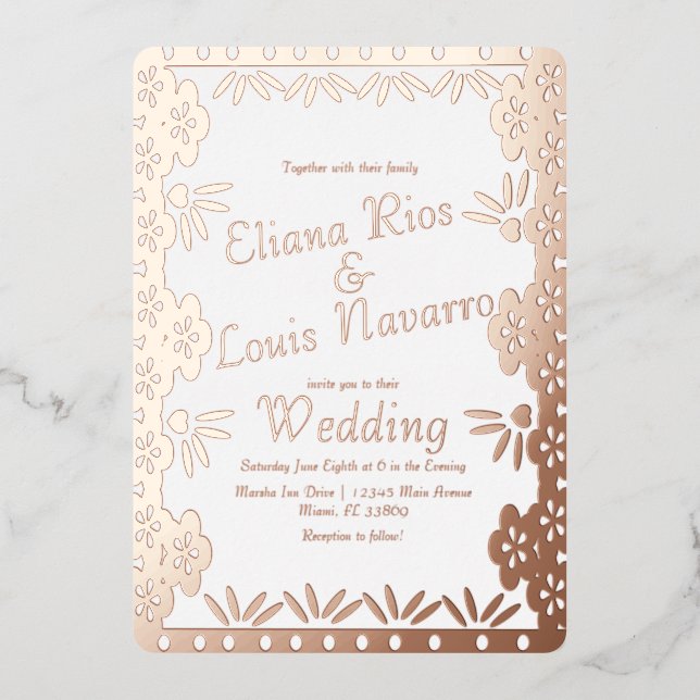 Modern Mexican Papel Picado Gold Wedding Pressed (Front)