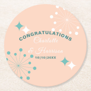 Modern Mid Century Atomic Starburst Wedding Round Paper Coaster