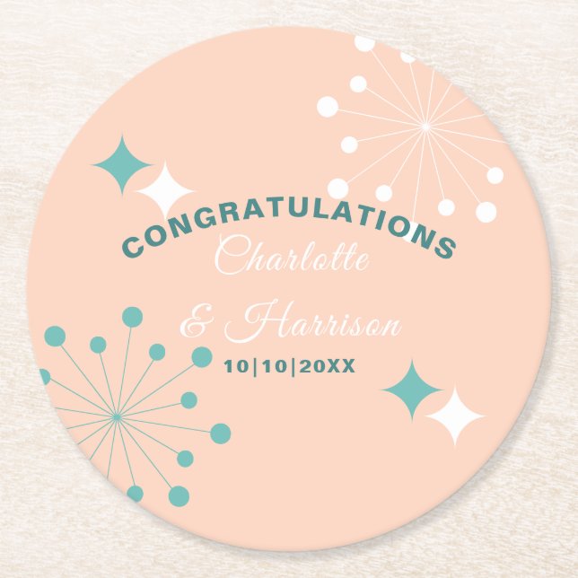 Modern Mid Century Atomic Starburst Wedding Round Paper Coaster (Front)