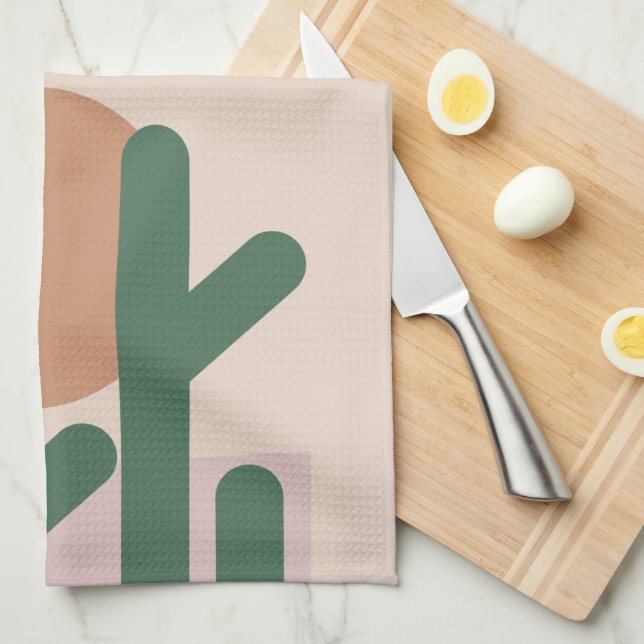 Modern Mid Century Cactus Art Earthy Pattern  Kitchen Towel (Quarter Fold)