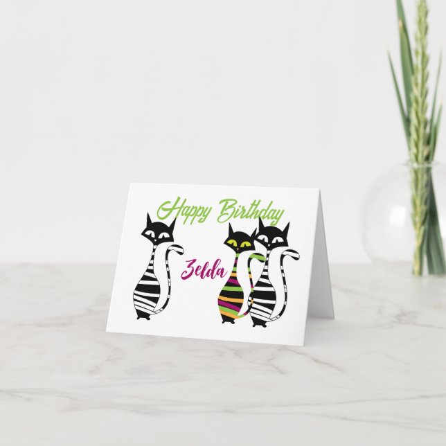 Modern Mid Century Cats editable text Card (Front)