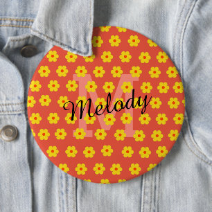 modern mid century cute retro floral initial 6 inch round button