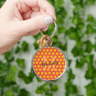 modern mid century cute retro floral initial keychain