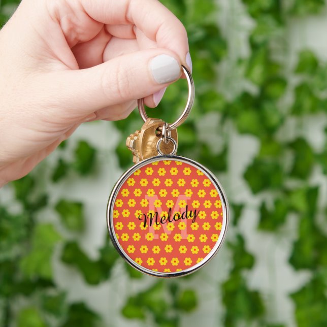 modern mid century cute retro floral initial keychain (Hand)