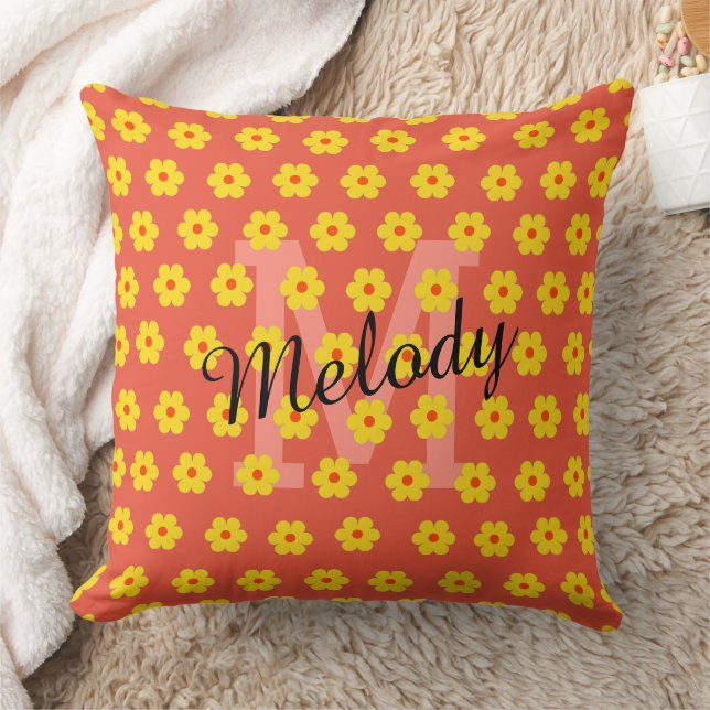 modern mid century cute retro floral initial throw pillow (Blanket)