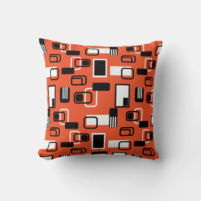 Modern Mid Century Geometric Orange Black Retro Throw Pillow (Front)