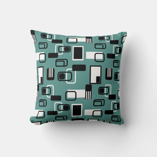 Modern Mid Century Geometric Teal Black Retro Throw Pillow (Front)