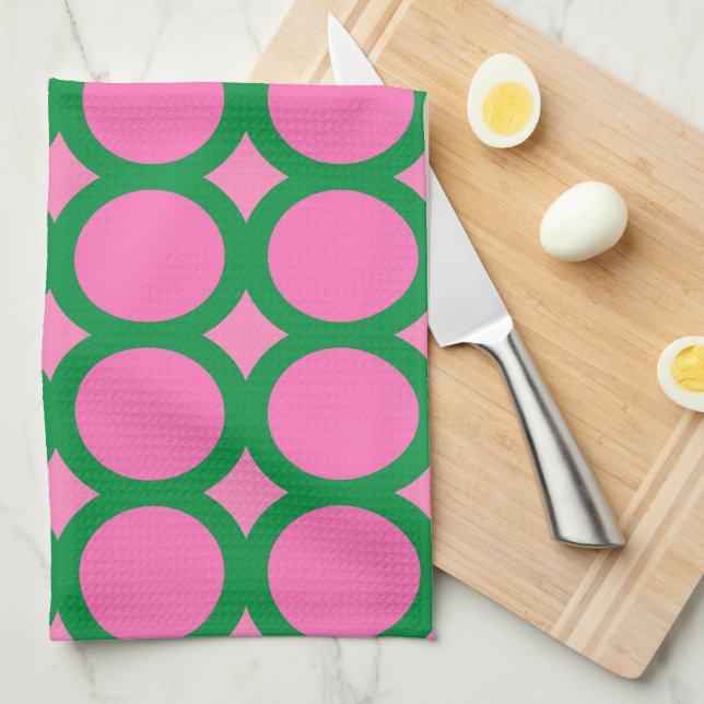 Modern Mid Century Green & Pink Geometric Shape Kitchen Towel (Quarter Fold)
