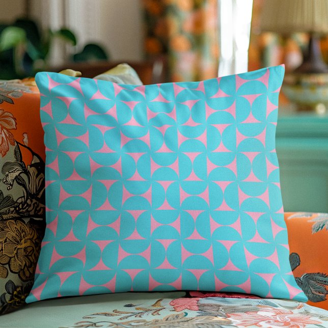 Modern Mid Century Peaceful Blue & Pink Shapes Throw Pillow (Creator Uploaded)