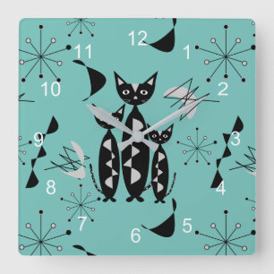 Modern Mid Century Retro Cats Cute Pattern Square Wall Clock