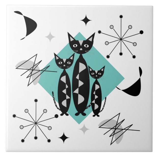 Modern Mid Century Retro Cats Cute Pattern Tile (Front)