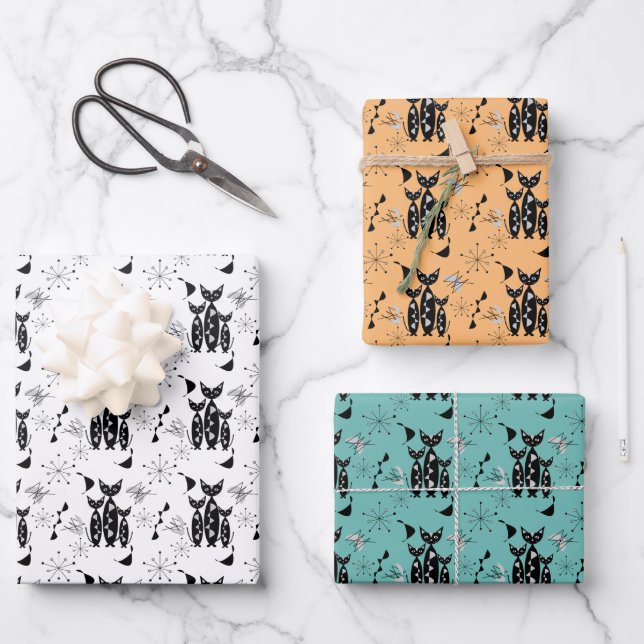 Modern Mid Century Retro Cats Cute Pattern Wrapping Paper Sheet (Front)