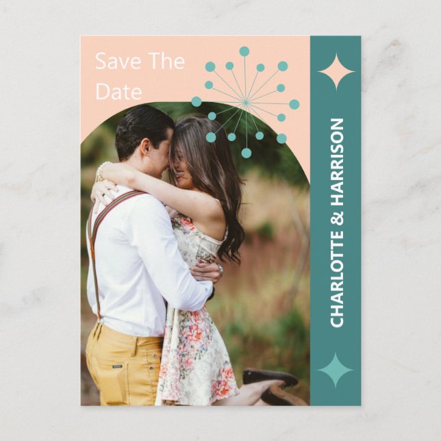 Modern Mid Century Retro Photo Save The Date Postcard (Front)