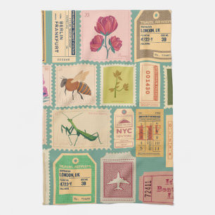 Modern mid century stamps and cenima tickets Blue Kitchen Towel