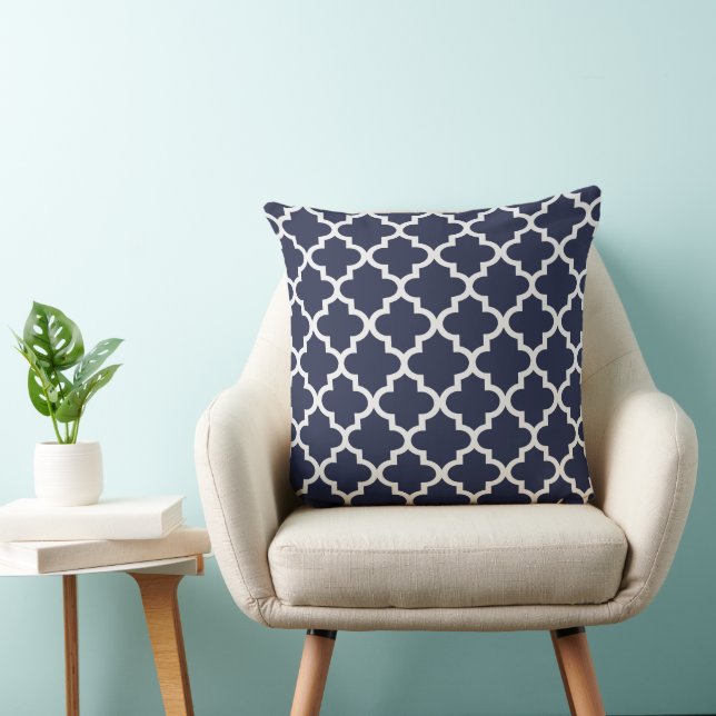 Modern Midnight Blue and White Quatrefoil Pattern Throw Pillow (Chair)