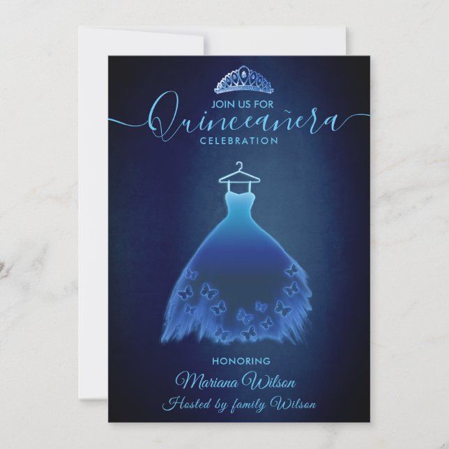 Modern midnight blue butterfly dress tiara Quince Invitation (Front)