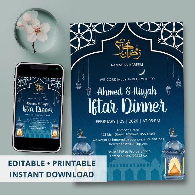 Modern Midnight Blue & Gold Lantern Iftar Invitation (Creator Uploaded)
