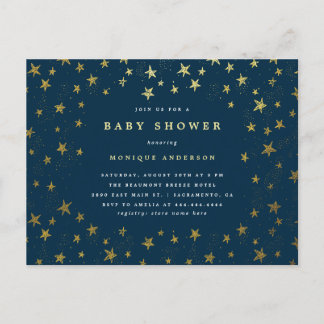 Modern Midnight Blue & Gold Stars Baby Shower Invitation Postcard