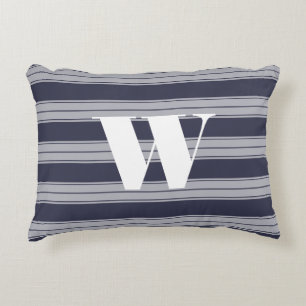 Modern Midnight Blue & Grey Stripes Initial Accent Pillow