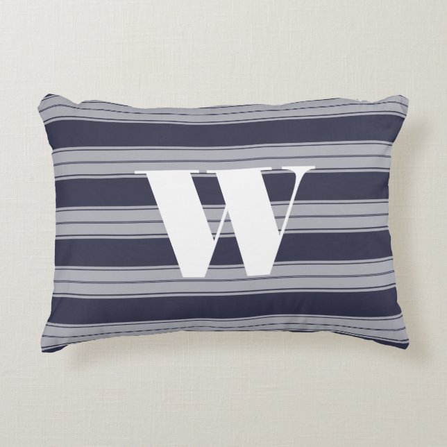 Modern Midnight Blue & Grey Stripes Initial Accent Pillow (Front)