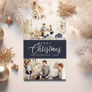 Modern Midnight Blue Photo Collage Christmas  Holiday Card