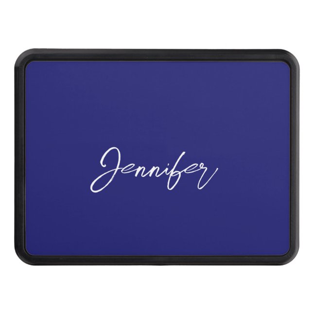 Modern Midnight Blue Plain Unique Handwriting Name Trailer Hitch Cover (Front)