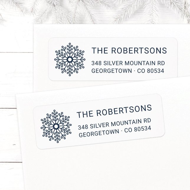 Modern Midnight Blue Snowflake Return Address (Modern, elegant Snowflake Christmas return address labels in navy blue with family name.)