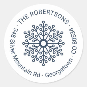 Modern Midnight Blue Snowflake Return Address Classic Round Sticker