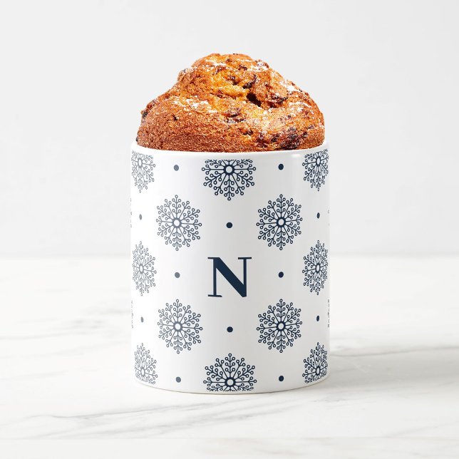 Modern Midnight Blue Snowflakes Monogram Winter Coffee Mug (Christmas holiday mug gift with modern navy blue snowflake pattern and minimalist custom monogram.)