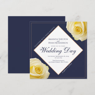 Modern Midnight Blue Yellow Rose Floral Wedding Invitation
