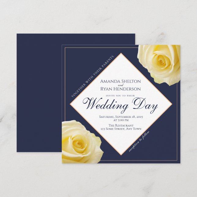 Modern Midnight Blue Yellow Rose Floral Wedding Invitation (Front/Back)