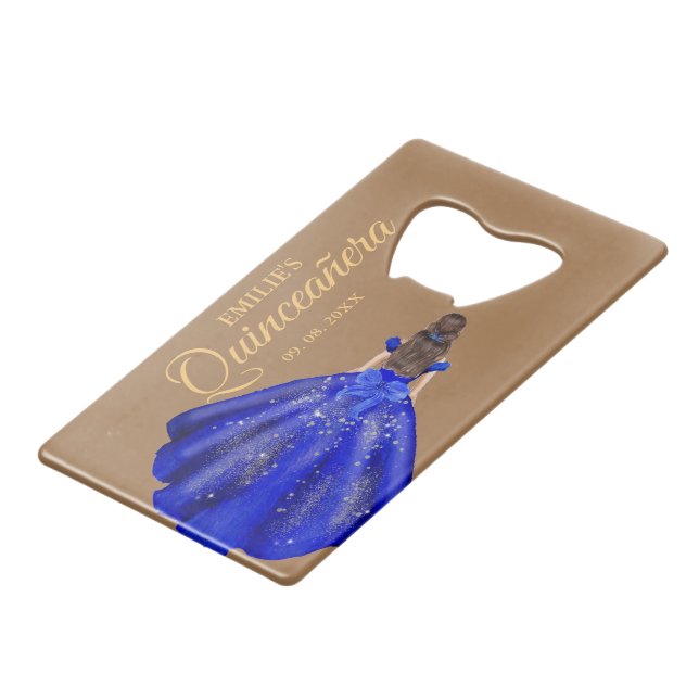Modern Minimaist  Royal Blue Quinceañera Party  Credit Card Bottle Opener (Front Angled)