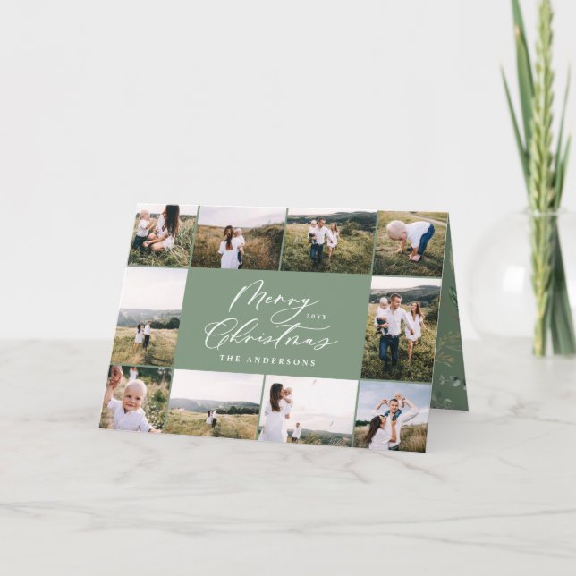 Modern minimal 11 photo new year sage green family holiday card (Front)