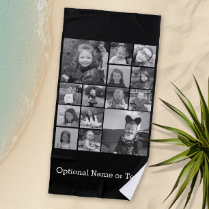 Modern Minimal 14 Photo Collage Black - White Text Beach Towel