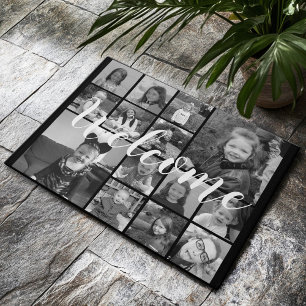 Modern Minimal 14 Photo Collage Black - White Text Doormat