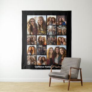 Modern Minimal 14 Photo Collage Black - White Text Tapestry