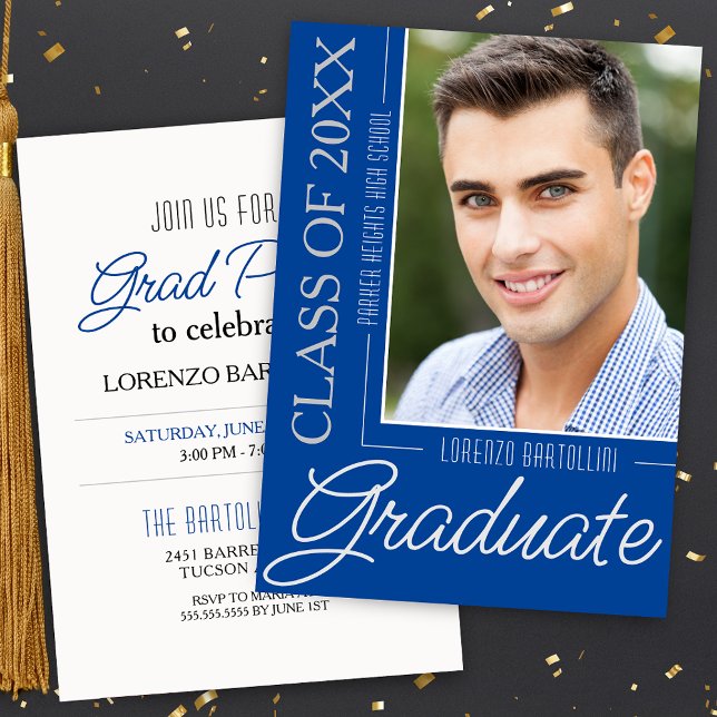 Modern Minimal 1 Photo Blue and White Graduation Invitation (Elegant Minimal Blue and White Graduation Announcements with Grad Party Invitation and 1 Photo)