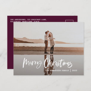 Modern minimal 1 photo burgundy script Christmas Holiday Postcard