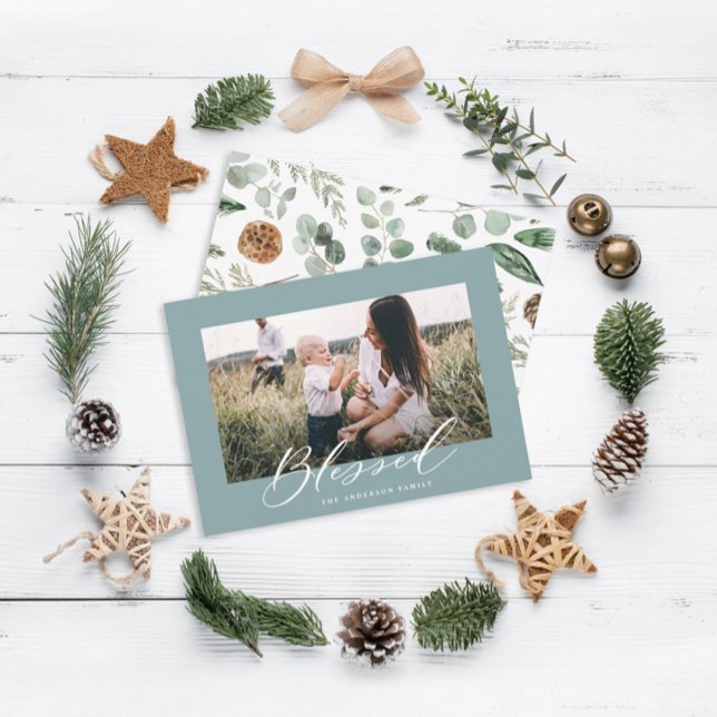 Modern minimal 1 photo Christmas blessed script Holiday Card (Creator Uploaded)
