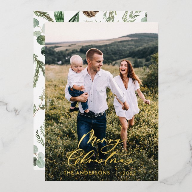 Modern minimal 1 photo Christmas elegant script Foil Holiday Card (Front/Back)