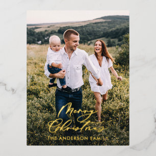 Modern minimal 1 photo Christmas elegant script  Foil Holiday Postcard