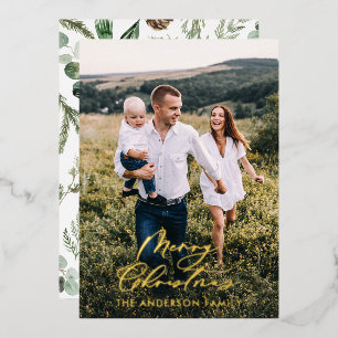 Modern minimal 1 photo Christmas elegant script Ho Foil Holiday Card