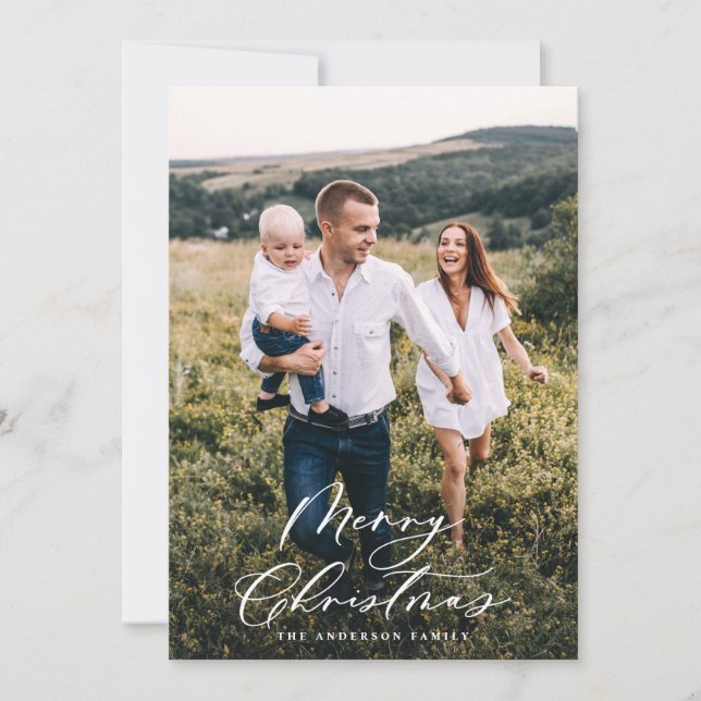 Modern minimal 1 photo Christmas elegant script Ho Holiday Card (Front)