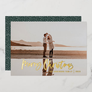 Modern minimal 1 photo green script Christmas Foil Holiday Card
