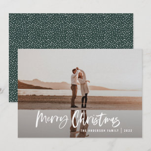 Modern minimal 1 photo green script Christmas Holi Holiday Card