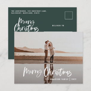 Modern minimal 1 photo green script Christmas Holi Holiday Postcard