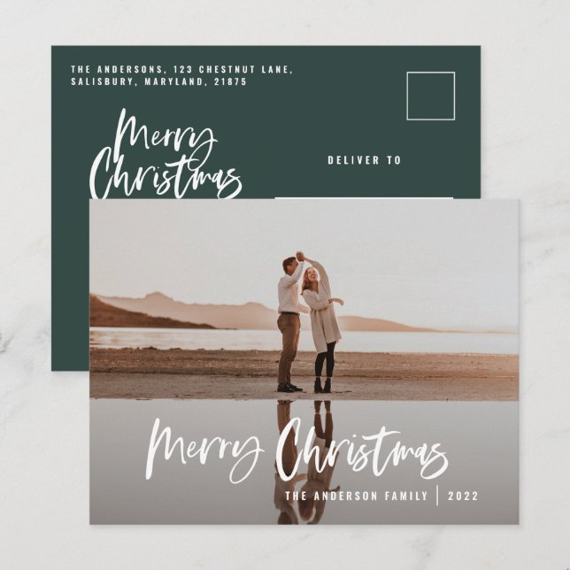 Modern minimal 1 photo green script Christmas Holi Holiday Postcard (Front/Back)