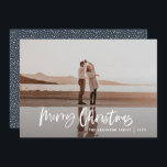 Modern minimal 1 photo navy blue script Christmas Holiday Card<br><div class="desc">Merry Christmas modern 1 photo Christmas card. Modern black,  navy blue and white holiday design. Script text with a modern edge. Hand painted polka dot spotty backer. Change the backer colour to customize.</div>