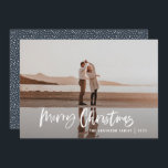 Modern minimal 1 photo navy blue script Christmas Holiday Card<br><div class="desc">Merry Christmas modern 1 photo Christmas card. Modern black,  navy blue and white holiday design. Script text with a modern edge. Hand painted polka dot spotty backer. Change the backer colour to customize.</div>