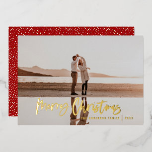 Modern minimal 1 photo red script Christmas Foil Holiday Card